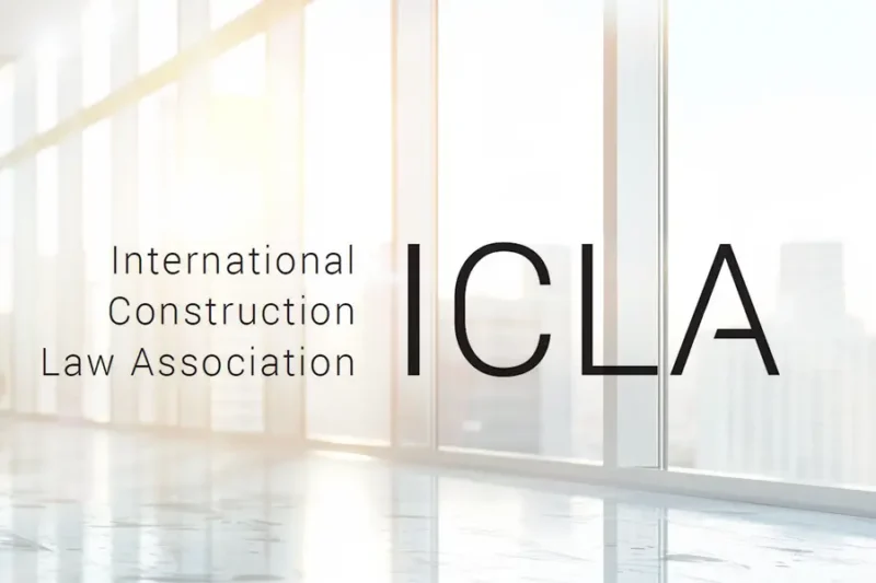Logo of the International Construction Law Association (ICLA) displayed in front of a bright office window with soft sunlight and a blurred urban skyline in the background.