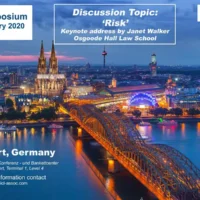 Event poster for the ICLA Symposium on 20 February 2020, held in Stuttgart, Germany. The main topic is “Risk”, with a keynote by Janet Walker from Osgoode Hall Law School. The background shows a twilight view of Cologne with the illuminated cathedral and Hohenzollern Bridge.