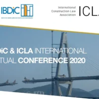Promotional image for the IBDiC & ICLA International Virtual Conference 2020. The banner includes logos of both institutions and shows a photo of a cable-stayed bridge under construction, symbolizing international collaboration in construction law.
