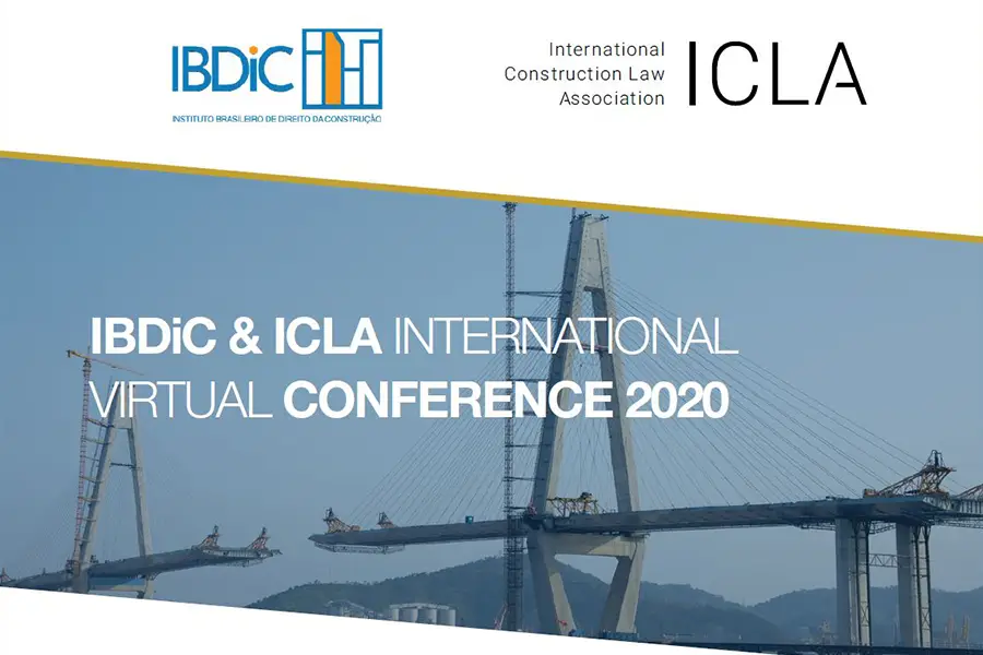 Promotional image for the IBDiC & ICLA International Virtual Conference 2020. The banner includes logos of both institutions and shows a photo of a cable-stayed bridge under construction, symbolizing international collaboration in construction law.