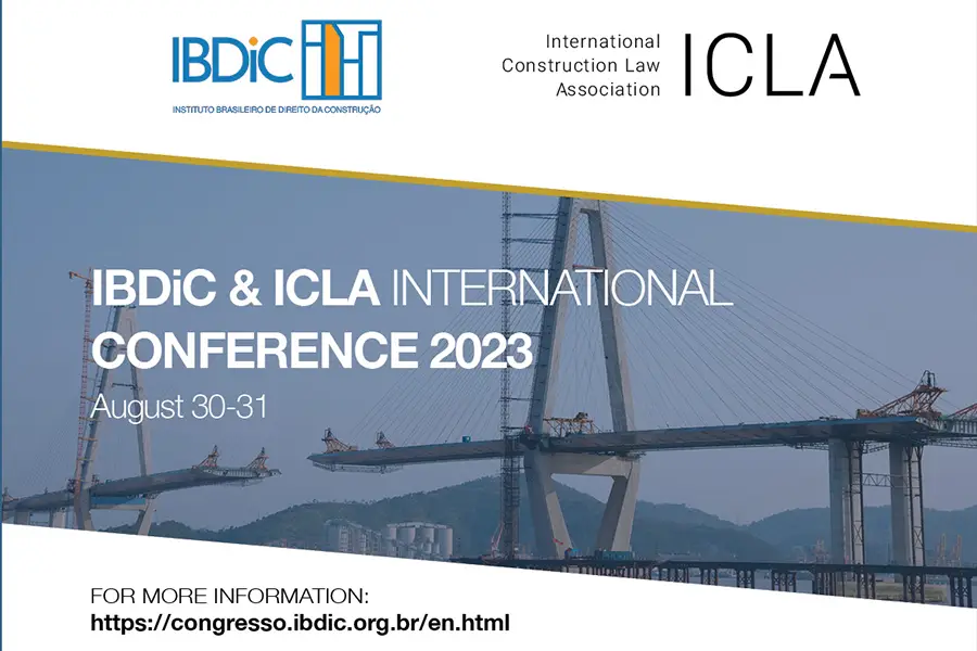 Promotional banner for the IBDiC & ICLA International Conference 2023, showing a large cable-stayed bridge under construction against a hazy mountain backdrop. Conference dates and website are displayed on the layout.