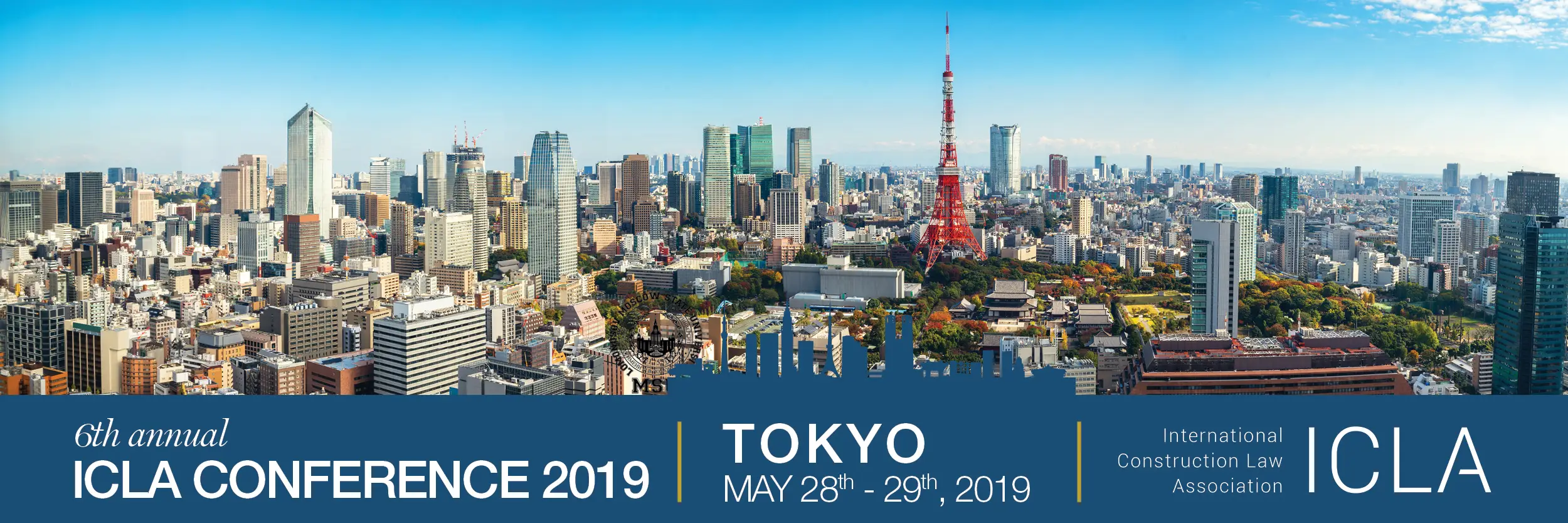 Banner for the 6th Annual ICLA Conference held in Tokyo on May 28–29, 2019. The background features a panoramic skyline of Tokyo with the red Tokyo Tower prominently visible, along with event details and the ICLA logo.