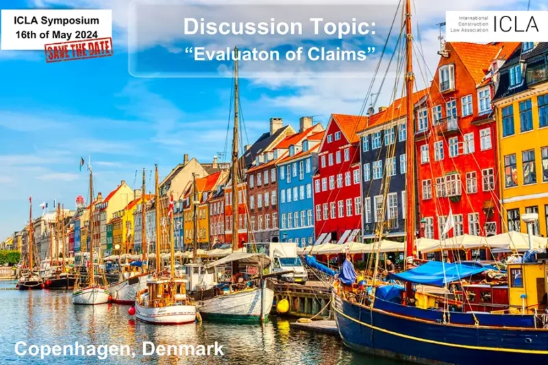 Colorful event announcement for the ICLA Symposium on 16 May 2024 in Copenhagen, Denmark. The image features the historic Nyhavn harbor with sailboats and bright waterfront buildings. The discussion topic is “Evaluation of Claims”.