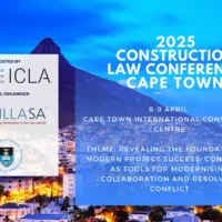 Announcement poster for the 2025 Construction Law Conference hosted by ICLA, held on 8–9 April at the Cape Town International Convention Centre. The background features Cape Town’s cityscape at dusk with Table Mountain. Co-organizers include MILLASA and the University of Cape Town. The theme focuses on contracts as tools for modernising collaboration and resolving conflict.