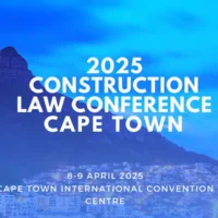 Announcement image for the 2025 ICLA Construction Law Conference in Cape Town, showing a vivid evening cityscape with Lion’s Head mountain under a blue sky. The event dates and venue—April 8–9, 2025, Cape Town International Convention Centre—are displayed prominently in white text.