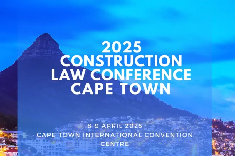 Announcement image for the 2025 ICLA Construction Law Conference in Cape Town, showing a vivid evening cityscape with Lion’s Head mountain under a blue sky. The event dates and venue—April 8–9, 2025, Cape Town International Convention Centre—are displayed prominently in white text.