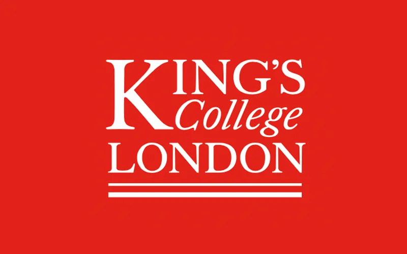 White serif logo text reading “King’s College London” centered on a solid red background. The design includes three horizontal white lines beneath the word “London” and conveys a formal, academic impression.