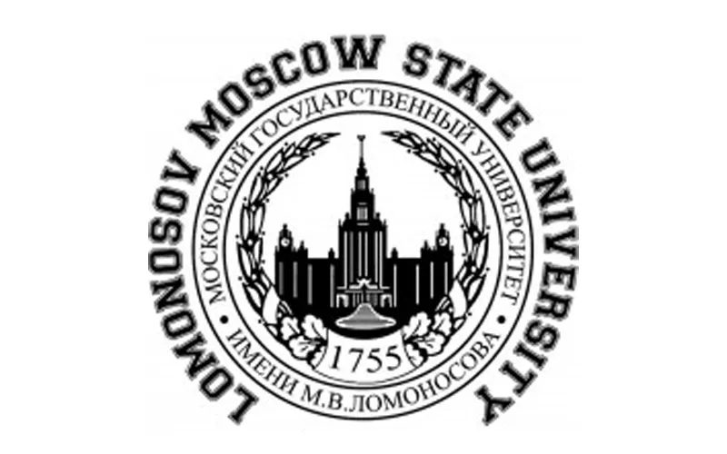 Black and white emblem of Lomonosov Moscow State University featuring a central illustration of the main university building framed by laurel branches. Cyrillic text encircles the building, with “1755” at the bottom indicating the founding year. The outer ring reads “Lomonosov Moscow State University.”