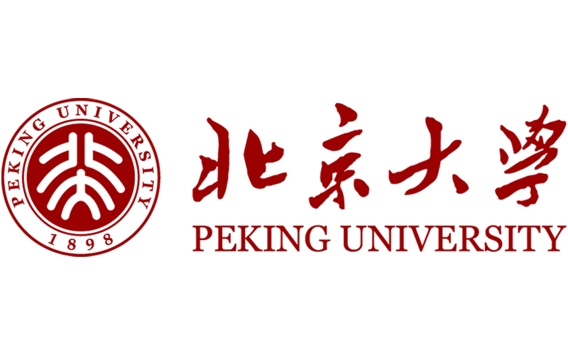 Logo of Peking University in red, featuring a circular emblem with stylized tree-like lines and the year 1898, next to Chinese characters and the English name “Peking University” in serif font.