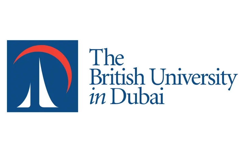 Logo of The British University in Dubai featuring a stylized graphic of two white curved towers with a red arc on a blue square, alongside the university name in blue serif font.
