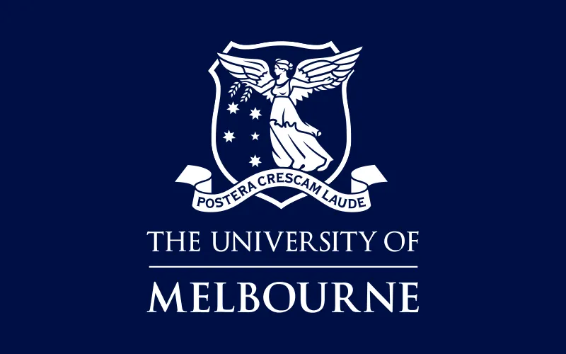 Logo of the University of Melbourne on a dark blue background, showing a winged figure with stars inside a crest above the Latin motto "Postera Crescam Laude", and the university name in white serif font below.